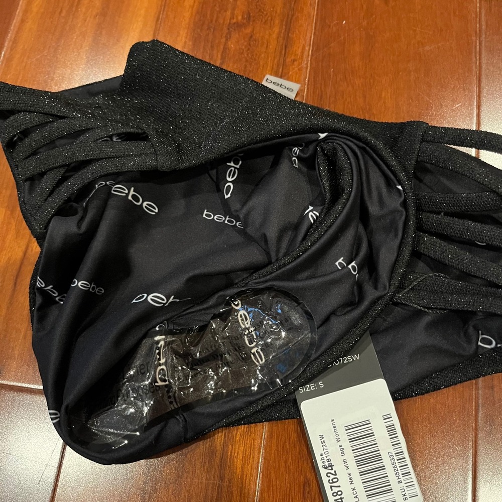 Bebe Black Shimmer Bikini Bottom Swim Strappy Cage‎ Side Glitter New Size Small - Picture 6 of 6